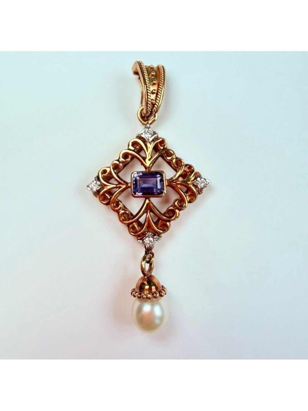 Estate 14K Gold 1.4 CT Tanzanite & Diamond & Pearl Lavalier Pendant VTG Enhancer